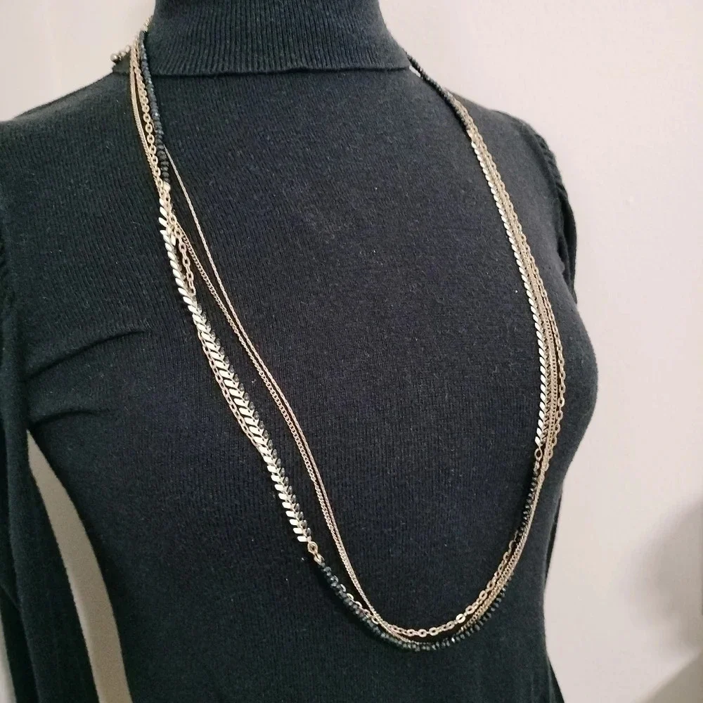 Chico's Gold Black White Gold Multi Strand Beaded Boho Statement Necklace 38